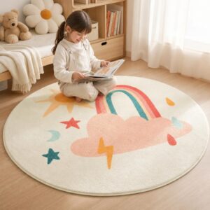 Nordic Cartoon Round Rug - Large Kids Bedroom Carpet for Living Room, Thick Plush Floor Mat - image 1