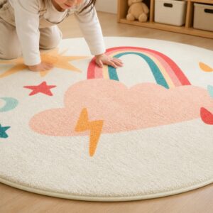Nordic Cartoon Round Rug - Large Kids Bedroom Carpet for Living Room, Thick Plush Floor Mat - image 2