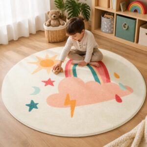 Nordic Cartoon Round Rug - Large Kids Bedroom Carpet for Living Room, Thick Plush Floor Mat - image 3