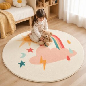 Nordic Cartoon Round Rug - Large Kids Bedroom Carpet for Living Room, Thick Plush Floor Mat - image 4