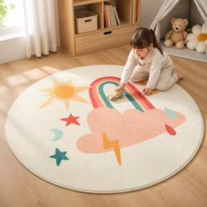 Nordic Cartoon Round Rug - Large Kids Bedroom Carpet for Living Room, Thick Plush Floor Mat - image 5