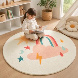 Nordic Cartoon Round Rug - Large Kids Bedroom Carpet for Living Room, Thick Plush Floor Mat - image 6