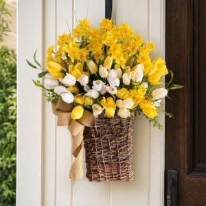 Artificial Tulip Hanging Basket, Spring Floral Door Decor, Farmhouse Flower Arrangement - image 1