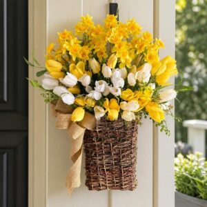 Artificial Tulip Hanging Basket, Spring Floral Door Decor, Farmhouse Flower Arrangement - image 3