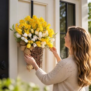 Artificial Tulip Hanging Basket, Spring Floral Door Decor, Farmhouse Flower Arrangement - image 4