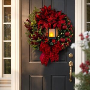 Gold holiday Wreath with Red Berries or Lamp Detail, Festive Holiday Door Decor - image 1