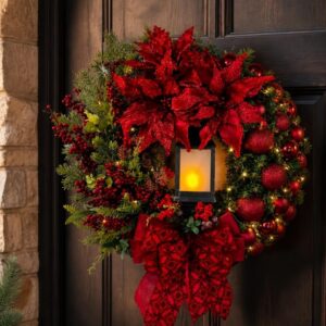 Gold holiday Wreath with Red Berries or Lamp Detail, Festive Holiday Door Decor - image 2