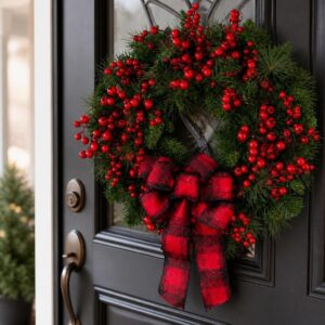 Red Berry holiday Wreath with Bow, Artificial Holiday Front Door Decoration - image 2