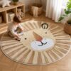 Lion Pattern Round Rug - Cartoon Kids Bedroom Carpet for Living Room, Plush Floor Mat - image 1