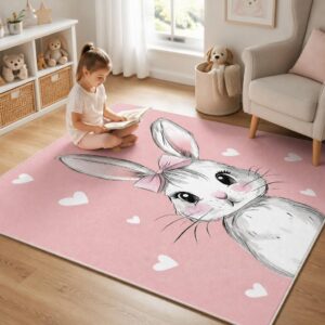 Pink Rabbit Cartoon Rug - 3D Printed Kids Bedroom Carpet, Non-Slip Fluffy Floor Mat - image 3