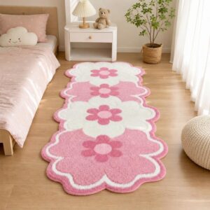 Pink Flower Pattern Rug - Irregular Shape Bedroom Carpet for Living Room, Plush Floor Mat - image 1