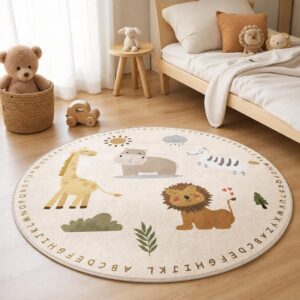 Cartoon Animal Round Rug - Plush Kids Bedroom Carpet for Living Room, Thick Fluffy Floor Mat - image 1