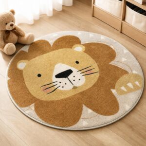 Lion Pattern Round Bedside Rug - Cartoon Plush Kids Bedroom Carpet, Fluffy Floor Mat - image 1