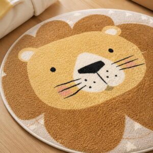 Lion Pattern Round Bedside Rug - Cartoon Plush Kids Bedroom Carpet, Fluffy Floor Mat - image 2